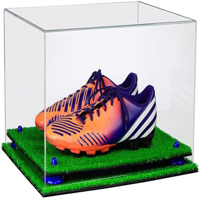 Better Display Cases Clear Acrylic Shoe Pair Display Case - Large Rectangle Box with Dark Blue Risers and Turf Base 15.25" x 12" x 9" (A082/V13)