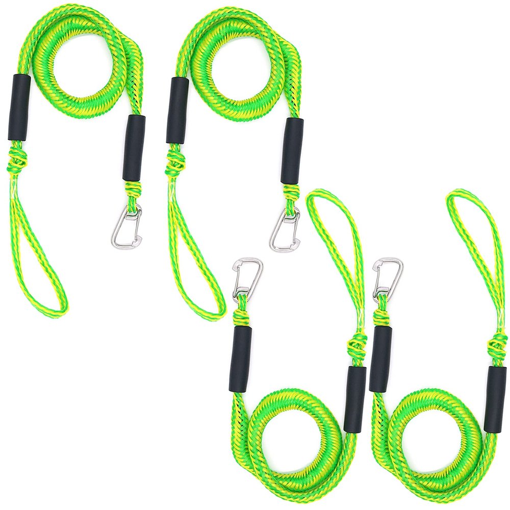 Bungee Boat Dock Lines Green Mooring Ropes 4 Pack with Stainless Steel Clip Accessories for Boats PWC, Kayak, Watercraft,SeaDoo,Jet Ski, Pontoon, Canoe, Power Boat(4ft -5.5ft)
