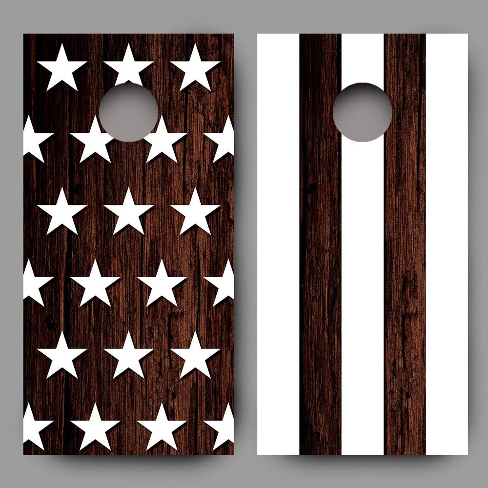 Corn Hole Decals Stars and Stripes White on Wood Looking Background Design Combo Wraps