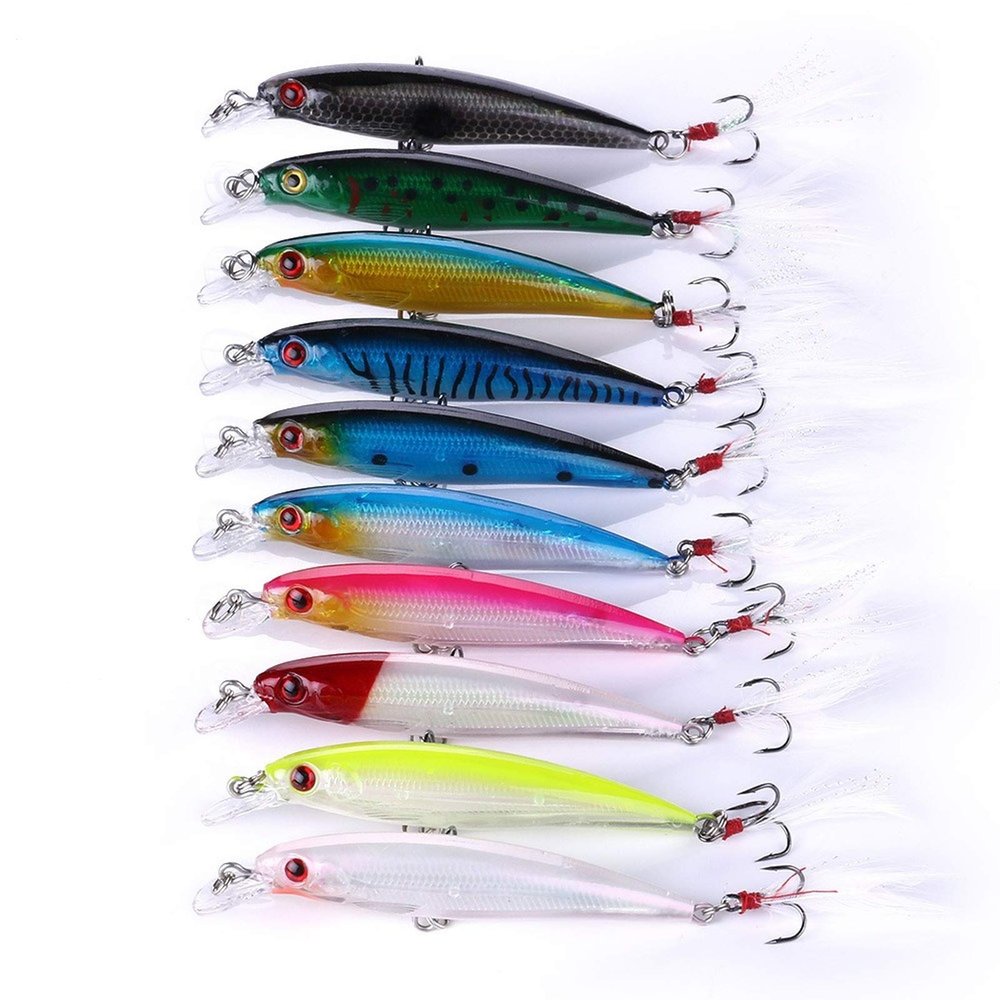 10Pcs 9cm/3.5in Hard Minnow Fishing Lures, Lifelike Swimbaits with 3D Eyes Simulation Painting Treble Hook Topwater Baits for Bass Trout Saltwater Freshwater Fishing
