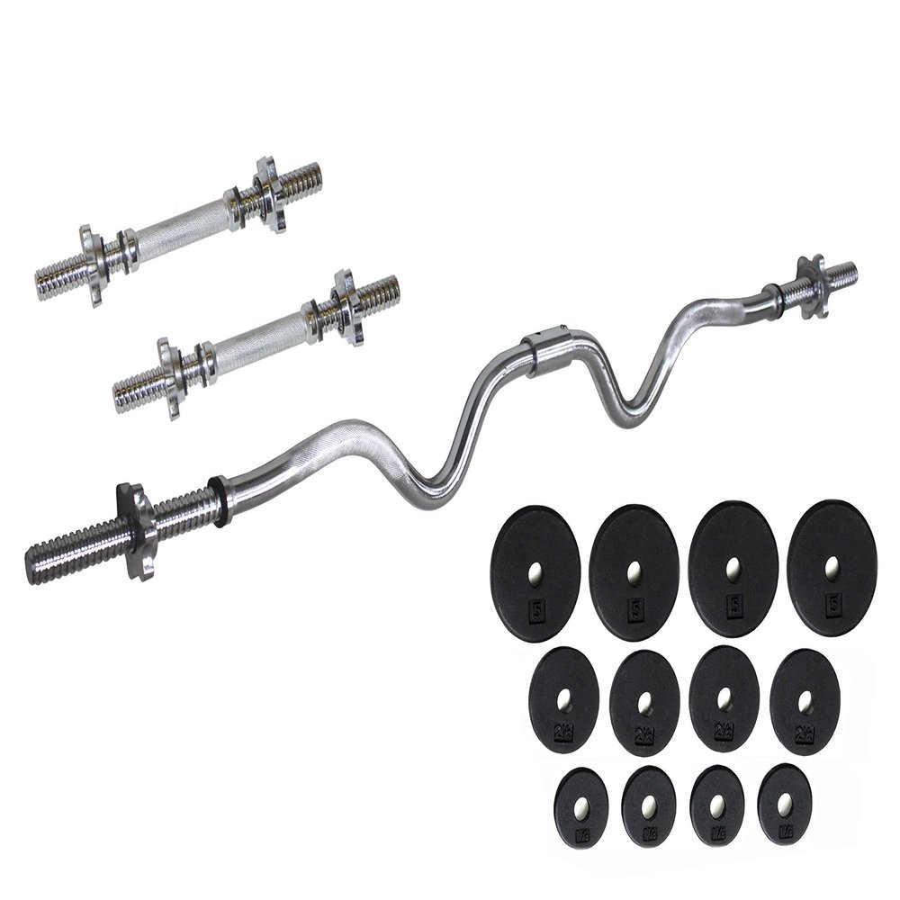 Ader 2-Piece Regular Threaded Super Curl Bar & Dumbbell Handles w/Star Lock Collars & 35lb Black Standard Weights Set