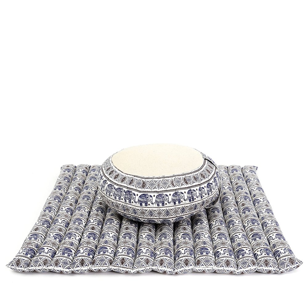 Leewadee Meditation Cushion Set  1 Round Zafu Meditation Pillow and 1 Square Roll-Up Zabuton Meditation Mat, Pillows Bundle Filled with Eco-Friendly Kapok, Blue White