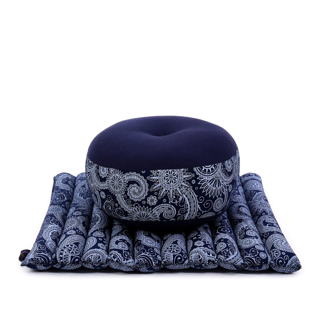 Leewadee Meditation Cushion Set  1 Small Zafu Yoga Pillow and 1 Small Roll-Up Zabuton Mat Filled with Kapok, Blue White