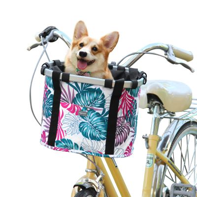RAYMACE Bicycle Basket Dog Bike Handlebar Basket Front,Folding Detachable Quick Release Easy Install,Cycling Picnic Bag (Pink Palm Leaf)