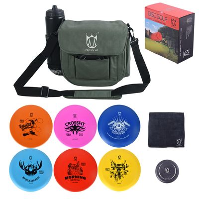 CROWN ME Disc Golf Set, Disc Golf Starter Set,Includes 1pc Bag with Water Bottle Pocket and Accessory Pocket, 2pcs Drivers, 2pcs Mid-Ranges, 2pcs Putters, 1pc Mini Disc Marker and 1pc Towel