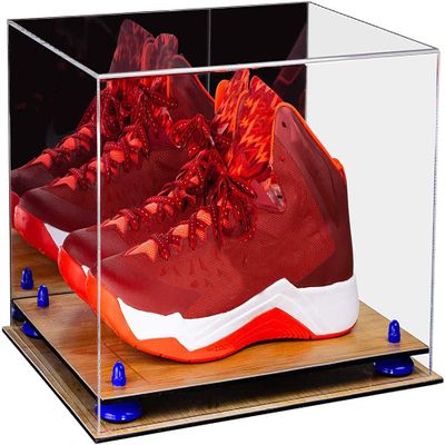Better Display Cases Acrylic Shoe Pair Display Case - Large Rectangle Box with Mirror, Dark Blue Risers and Wood Base 15.25" x 12" x 9" (A082/V13)