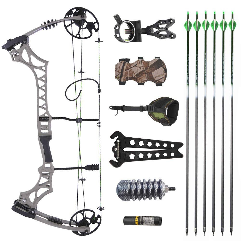Archery Compound Bow and Arrow Set Adults Teens Hunting Bow Magnesium Alloy Riser Draw Weight 30-70lbs Draw Length 19"-31" Adjustable 320fps (Bow Set Gray)