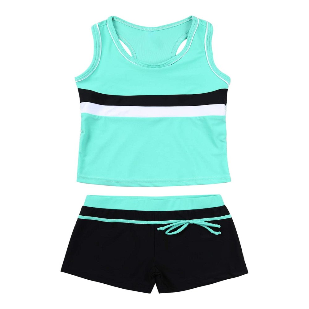 Yartina Kids Girls Two Piece Swimsuit Rash Guard Tankini Summer Bathing Set Swimwear Tank Top with Boyshorts Mint Green 8