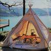 7x7x6.5Outdoor Cotton Canvas 2-3 Person 3 Seasons Bell Teepee Tent with Double Door Spire Tent Pyramid Tents for Family Camping view 3