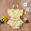 Summer Newborn Baby Girl Clothes Flare Sleeve T-Shirt Tees+Suspender Ruffles Shorts Outfit Set+Headband (Light Yellow, 6-12 Months) view 2