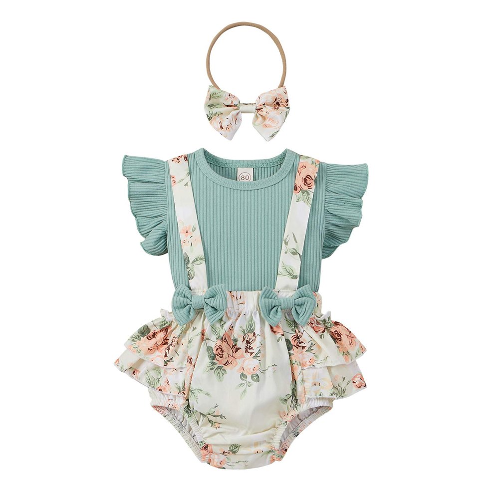 Summer Newborn Baby Girl Clothes Flare Sleeve T-Shirt Tees+Suspender Ruffles Shorts Outfit Set+Headband (Light Green, 3-6 Months)
