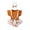 Summer Newborn Baby Girl Clothes Flare Sleeve T-Shirt Tees+Suspender Ruffles Shorts Outfit Set+Headband (Brown, 0-3 Months) view 1