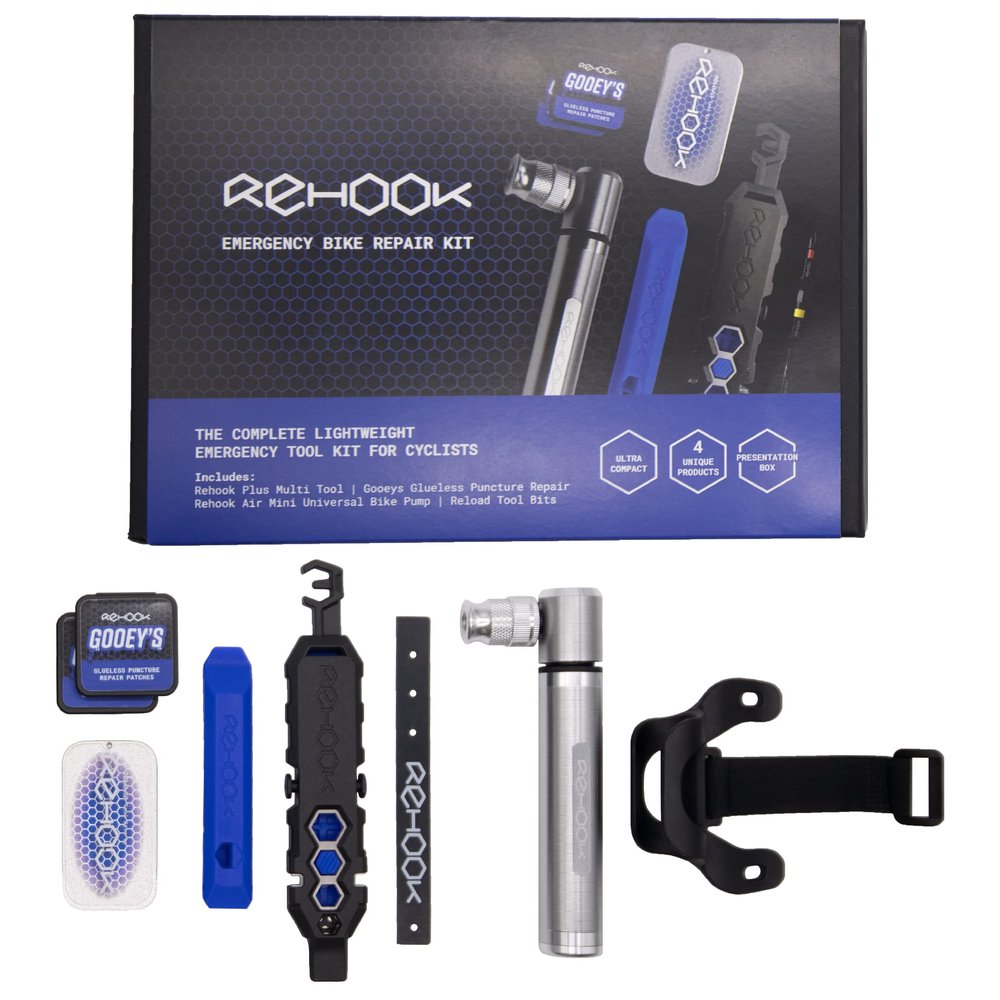 Rehook Emergency Bike Repair Kit - Complete Lightweight Emergency Tool Kit for Cyclists. Cycling Multi Tool, Bike Pump, Tyre Levers, Glueless Puncture Repair Patches