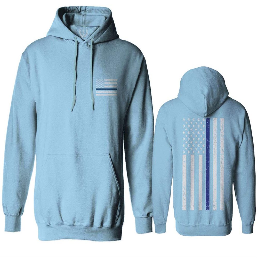 0084. American Flag Thin Blue Line Police Lives Matter Support Patriotic NY Sheriff Sweatshirt Pullover Hoodie (Light Blue, Small)