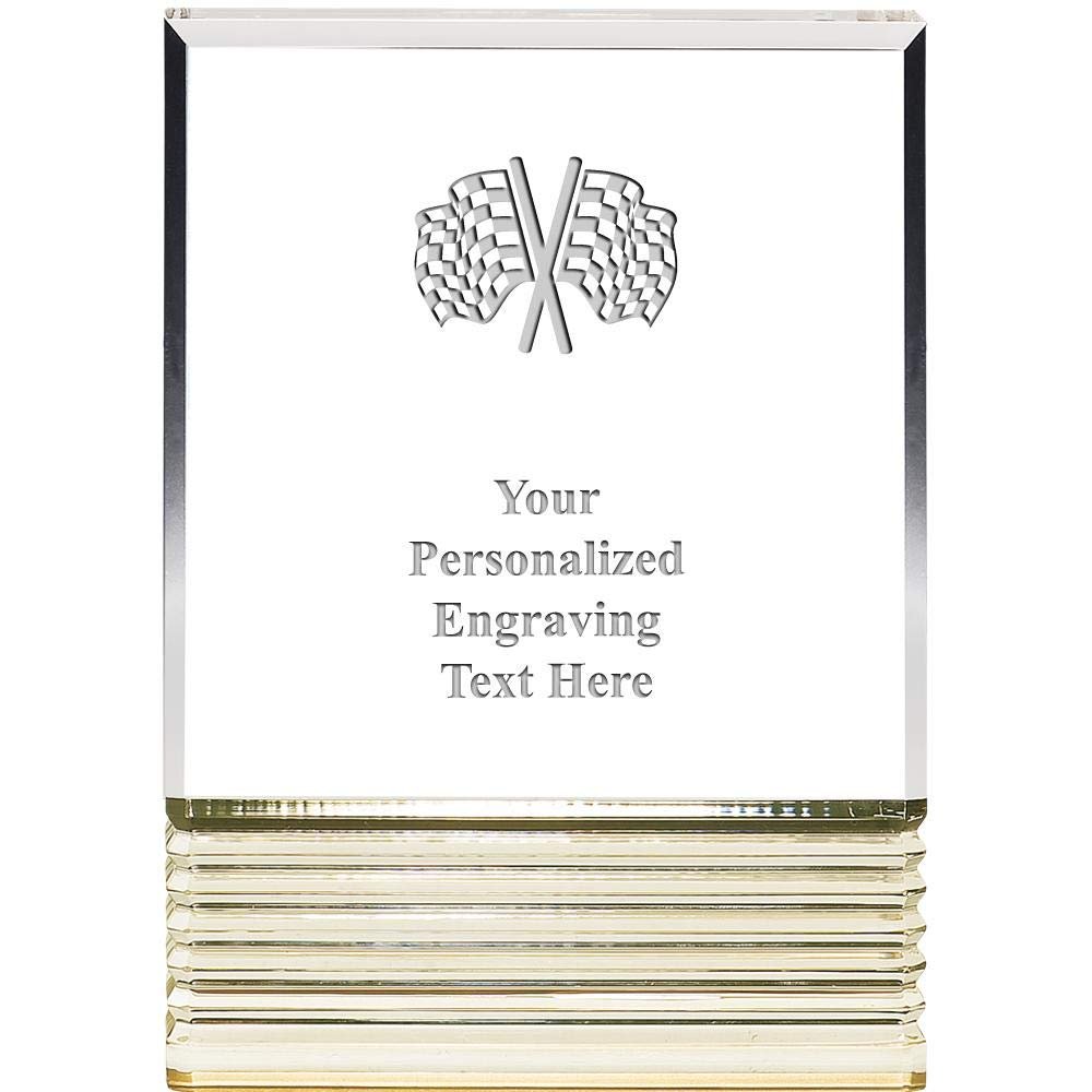 Engraved Checkered Flags Custom Trophy - 7" Gold Rockwell Acrylic Award Checkered Flags Tinted Gold Custom Trophy Award with Free Personalization Prime