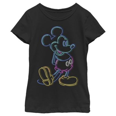 Girl's Mickey & Friends Bright Neon Mickey Mouse Outline T-Shirt - Black - Medium