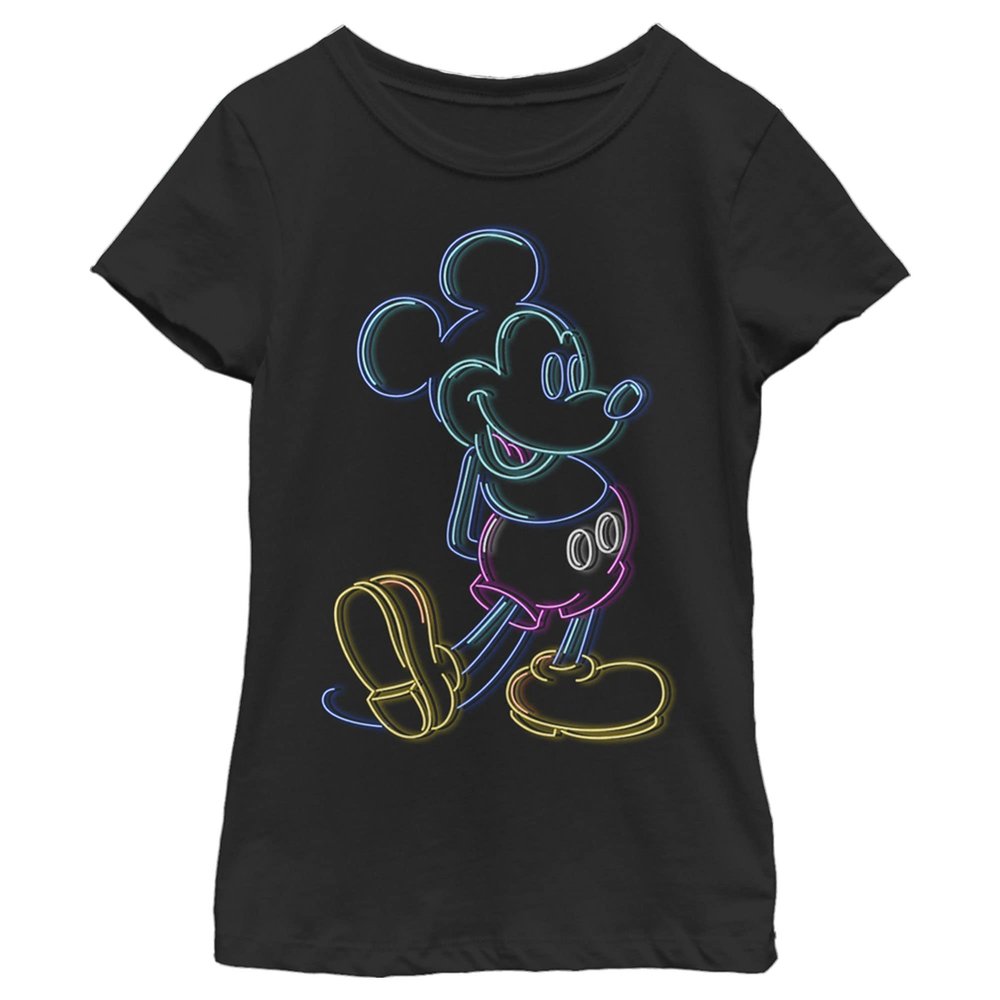 Girl's Mickey & Friends Bright Neon Mickey Mouse Outline T-Shirt - Black - Medium