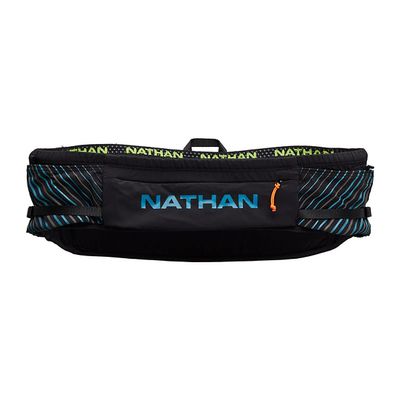 Nathan Running Belt Pinnacle Hydration Waistbelt/WaistPack. Includes Soft Flask, Storage, Zipper Pocket. For Running, Hiking Fanny Pack. No Bounce! (XXS/XS, Black/Blue)