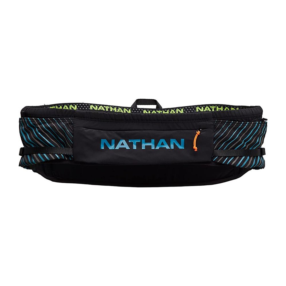 Nathan Running Belt Pinnacle Hydration Waistbelt/WaistPack. Includes Soft Flask, Storage, Zipper Pocket. For Running, Hiking Fanny Pack. No Bounce! (Black/Blue Me Away, S/M)