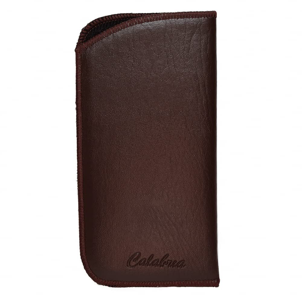 Calabria Slip-In Eyeglasses Case [Brown/Pack of 1] Faux Leather Sunglasses Pouch for Travel, Commute | Soft Glasses Holder | Clip-On for Easy Slide, Belt, Pocket Attachment | Eyeglasses Cases