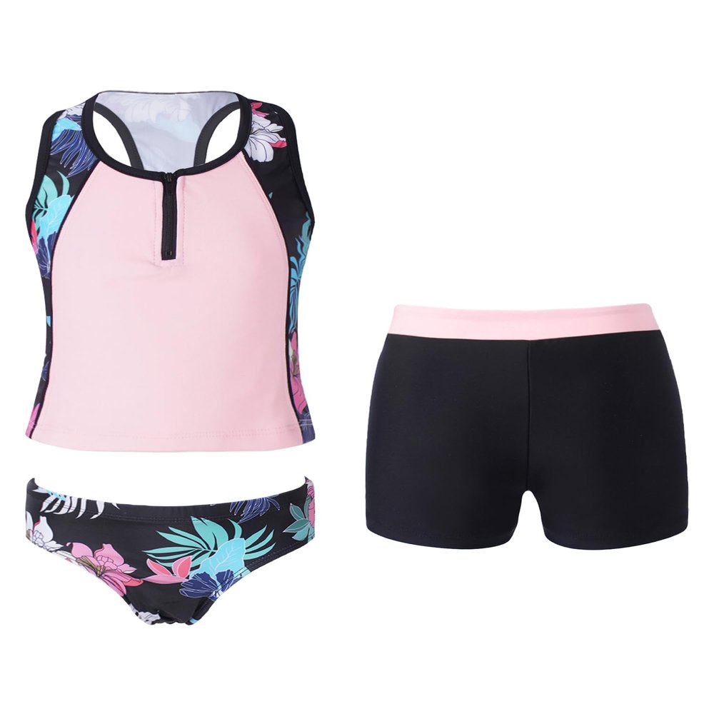 YONGHS 3PCs Girls Swimsuit Sleeveless Rash Guard Triangle Bikinis Tankini Sets with Swim Boyshorts Black Floral 16