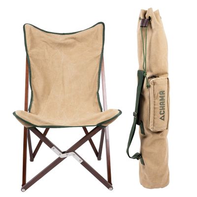 CHAMA Vaquero Chair & Travel Bag - Wheat and Pine- Beautiful Outdoor Wood and Canvas Portable Folding Chair Ideal for Camping, Patios, Lawns, or Indoor Use - Supports 300 lbs