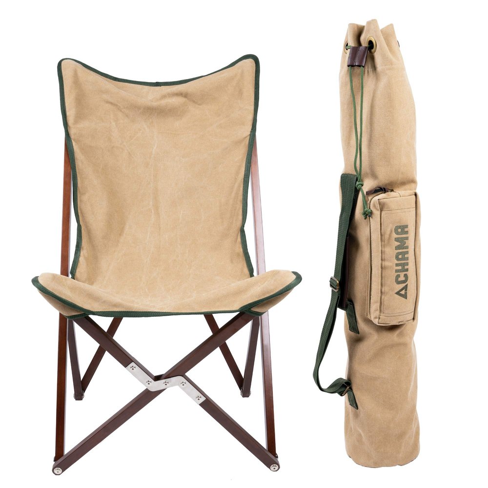 CHAMA Vaquero Chair & Travel Bag - Wheat and Pine- Beautiful Outdoor Wood and Canvas Portable Folding Chair Ideal for Camping, Patios, Lawns, or Indoor Use - Supports 300 lbs