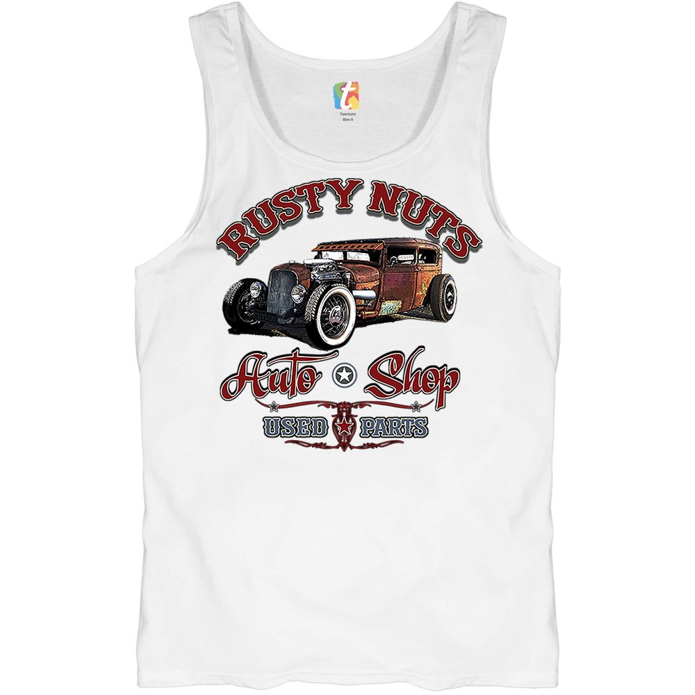 Rusty Nuts Auto Shop Tank Top Vintage Lowrider Rat Rod Men's Sleeveless White XX-Large