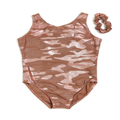Destira Rose Gold Camo Y Back Gymnastics Leotard for Girls, Super Soft Lycra Athletic Wear, Child XL (12)