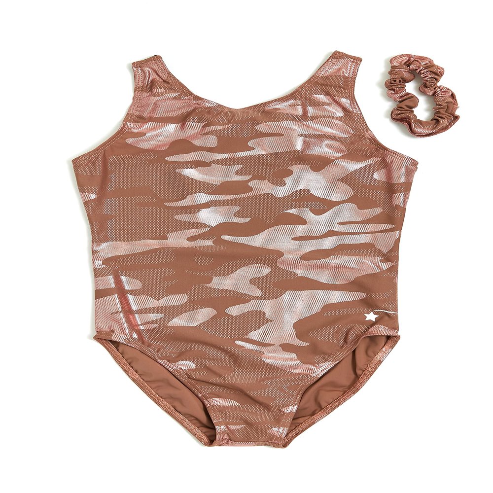 Destira Rose Gold Camo Y Back Gymnastics Leotard for Girls, Super Soft Lycra Athletic Wear, Child XL (12)