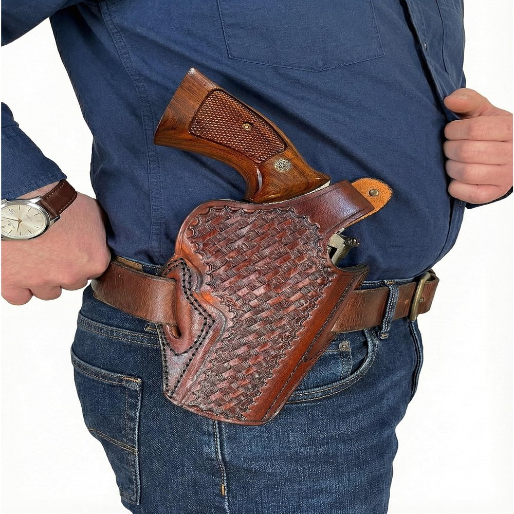 Thumb Break Leather Holster for Taurus 856 Defender 3" Barrel - Basket Weave - Genuine Leather - Right or Left Handed (Right)