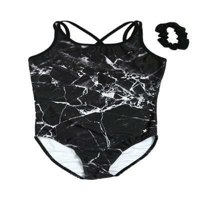 Destira Unbreakable Cami-Style Gymnastics Leotard for Girls, Black and White Marble Sofy Lycra, Child XL (12)