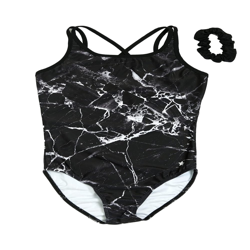 Destira Unbreakable Cami-Style Gymnastics Leotard for Girls, Black and White Marble Sofy Lycra, Child XL (12)