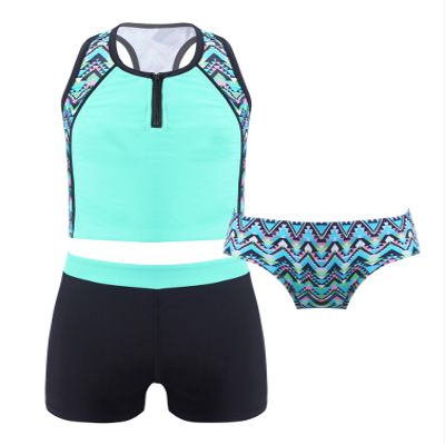 YONGHS 3PCs Girls Swimsuit Sleeveless Rash Guard Triangle Bikinis Tankini Sets with Swim Boyshorts Geometric Green 4
