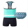 YONGHS 3PCs Girls Swimsuit Sleeveless Rash Guard Triangle Bikinis Tankini Sets with Swim Boyshorts Geometric Green 4 view 2