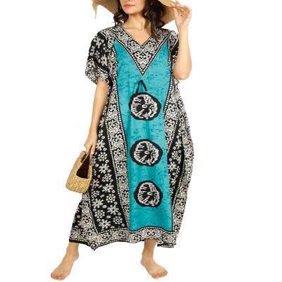 Tengru Women Kaftan Ladies Dashiki Beach Cover Up Summer Swimsuit Girls Kimono for Any Occasion I Free Size I Ankle Length Teal Blue