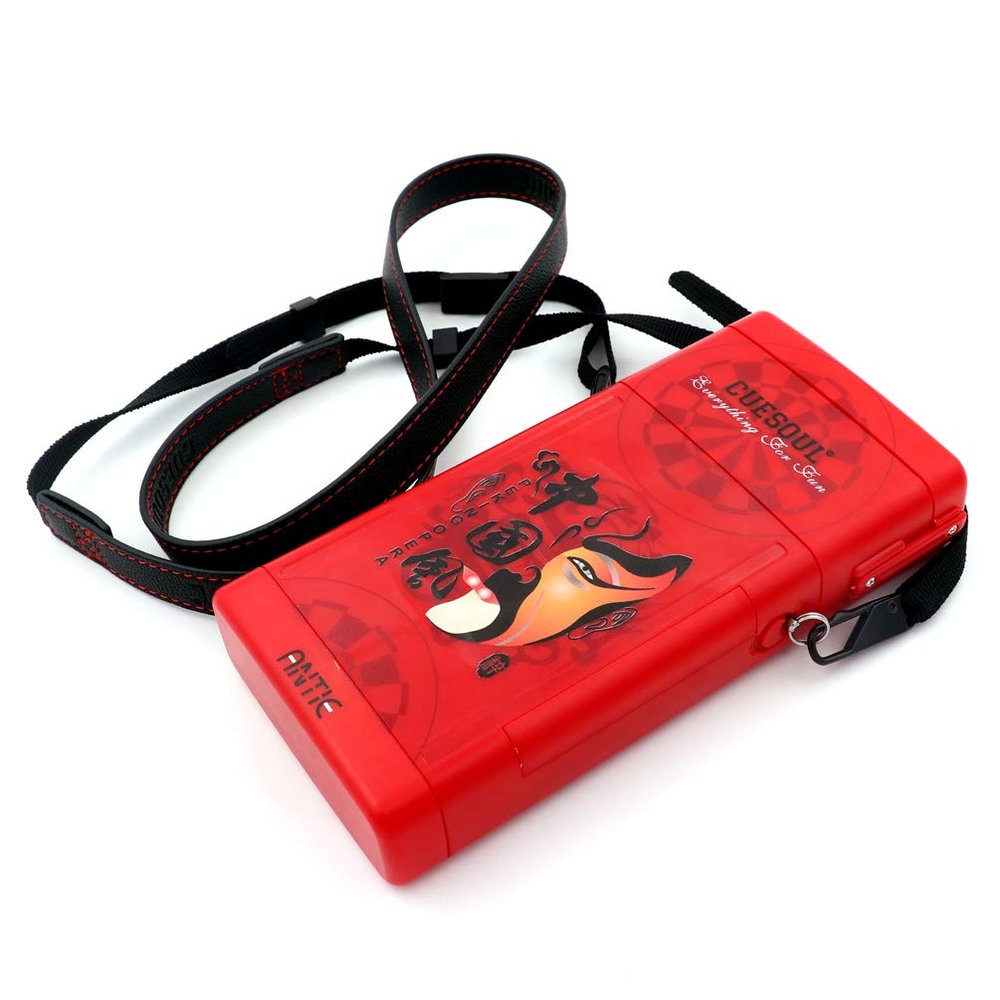 CUESOUL ANTIE Hard Dart Case Red, Holds 6 Steel/Soft Tip Darts & Accessories, Peking Opera Mask Design, Durable Use