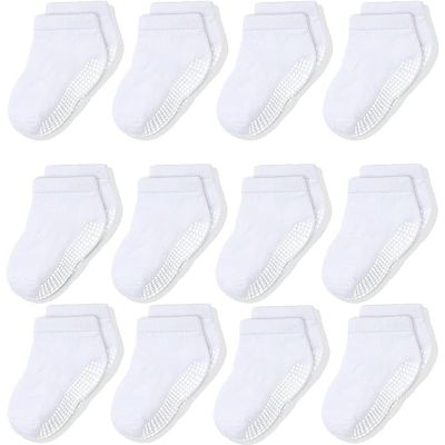 CozyWay Toddler Ankle Socks with Grips - 3T-5T White Low-Cut 12-Pack - Soft Cotton Non-Slip Socks with Reinforced Toe for Boys & Girls