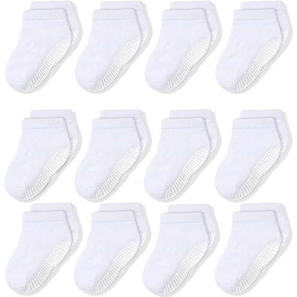 CozyWay Toddler Ankle Socks with Grips - 3T-5T White Low-Cut 12-Pack - Soft Cotton Non-Slip Socks with Reinforced Toe for Boys & Girls