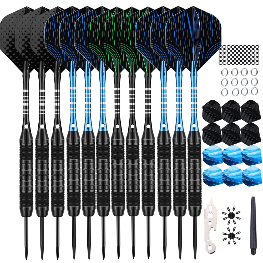 12 Pack Darts Metal Tip Set 24 Grams, Steel Tip Darts with Premium Black Blue Aluminum Shafts, Extra 50 Rubber O-Rings 6 Nylon Shafts 12 Spring Rings 16 Flights Protector 1 Tool Kit