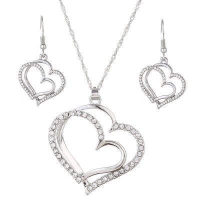 MXXGMYJ Wedding Jewelry Mother's Day Gifts Double Heart Pendant Necklace and Earring Set for Mom Women Bride Bridesmaids