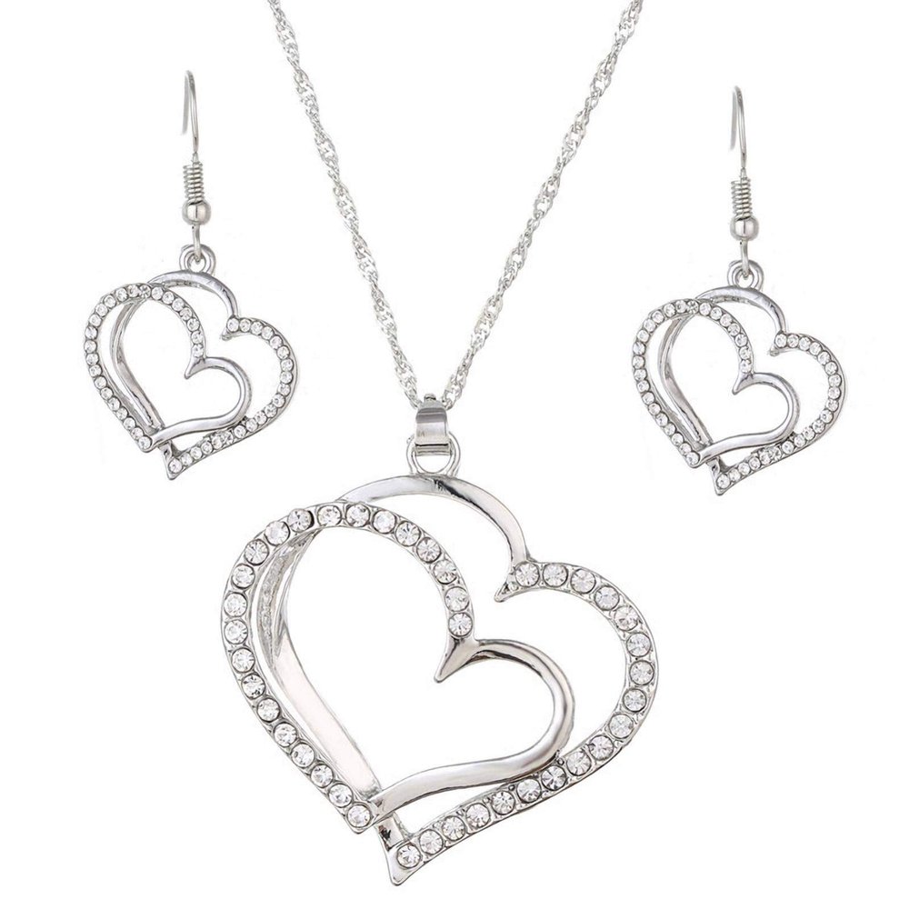 MXXGMYJ Wedding Jewelry Mother's Day Gifts Double Heart Pendant Necklace and Earring Set for Mom Women Bride Bridesmaids