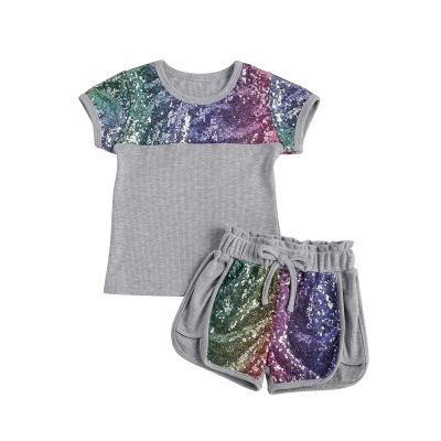 6M-7T Toddler Baby Girl Summer Clothes Set Cool Sequins T-Shirts Tees Tops Short Pants 2PCS Baby Girl Outfit Set (A Grey, 6T-7T)