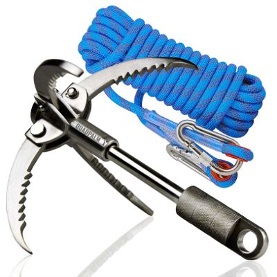QUADPALM Grappling Hook and Blue Rope 10M (32ft) - Multifunctional Heavy Duty Survival Hook - 2 Locking Carabiner - 4 Stainless Steel Folding Claws - Survival Gear - Outdoors Camping Hiking Gear