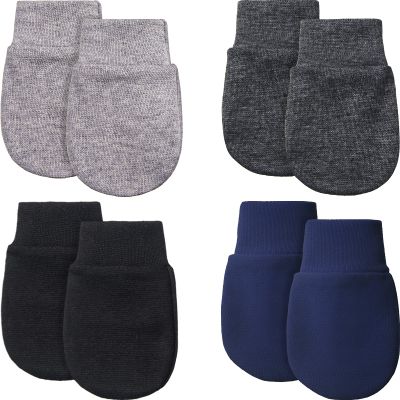 4 Pairs Newborn Baby Mittens Infant No Scratch Mittens Gloves 0-6 Months (Gray, Navy Blue, Black, Dark Gray)