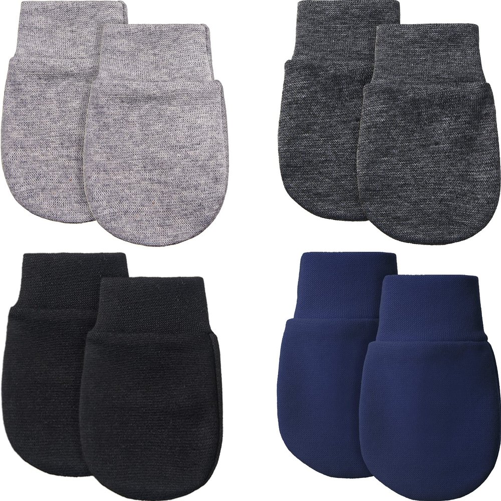 4 Pairs Newborn Baby Mittens Infant No Scratch Mittens Gloves 0-6 Months (Gray, Navy Blue, Black, Dark Gray)