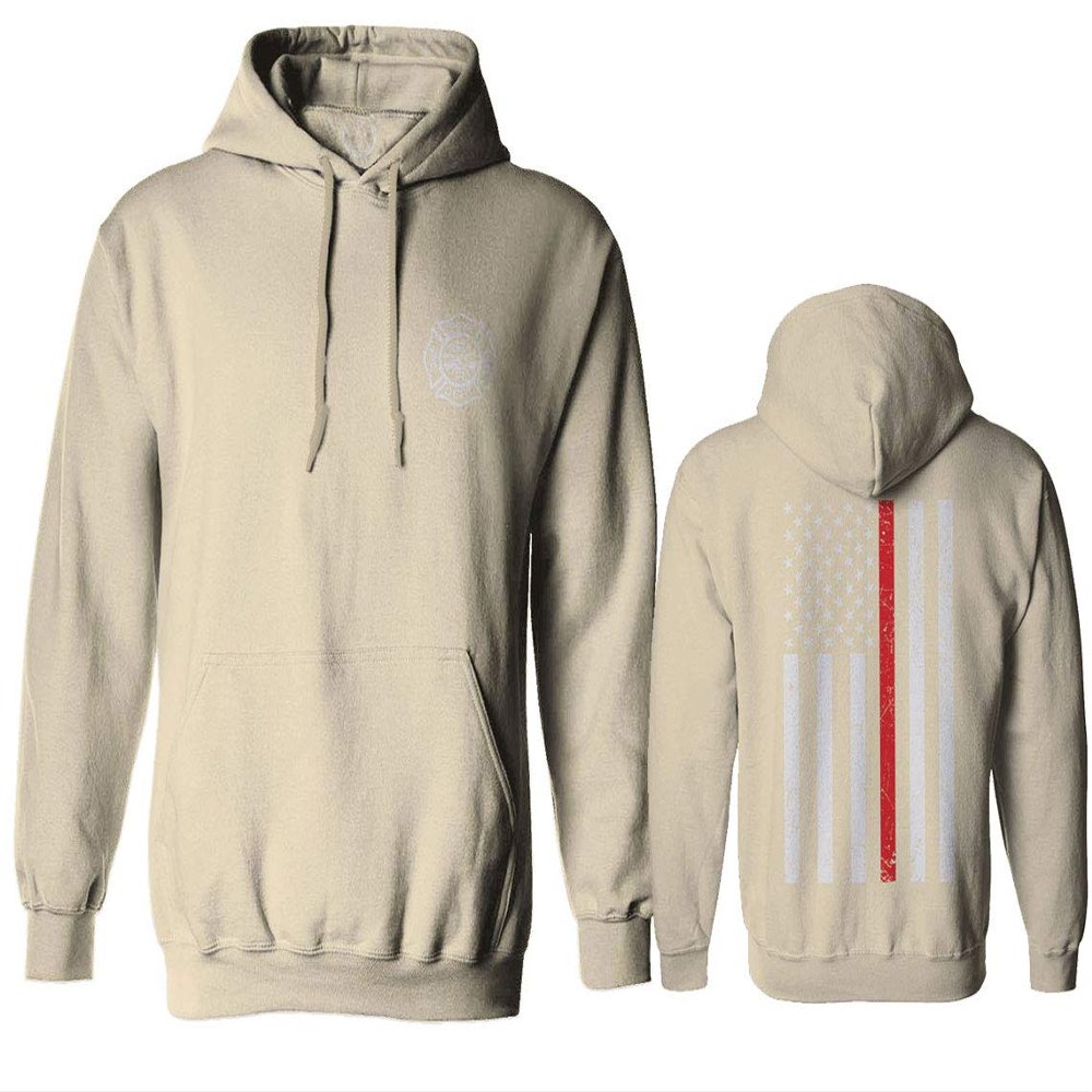 0058. American Flag Thin Red Line Firefighter Support Seal Sweatshirt Pullover Hoodie (Beige, Medium)