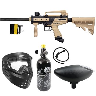 Maddog Tippmann Cronus Tactical Paintball Gun Marker and Bronze HPA Accessory Starter Package | Comes with Marker, Anti-Fog Mask, Hopper, & 48CI HPA Tank - Black/Tan