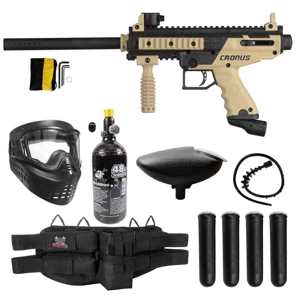 Maddog Tippmann Cronus Basic Paintball Gun Marker and Accessory Starter Package [HPA] |Silver Kit - Marker, 48ci/3000psi Compressed Air Tank, Mask, Hopper, 4+1 Harness, & (4) Pods