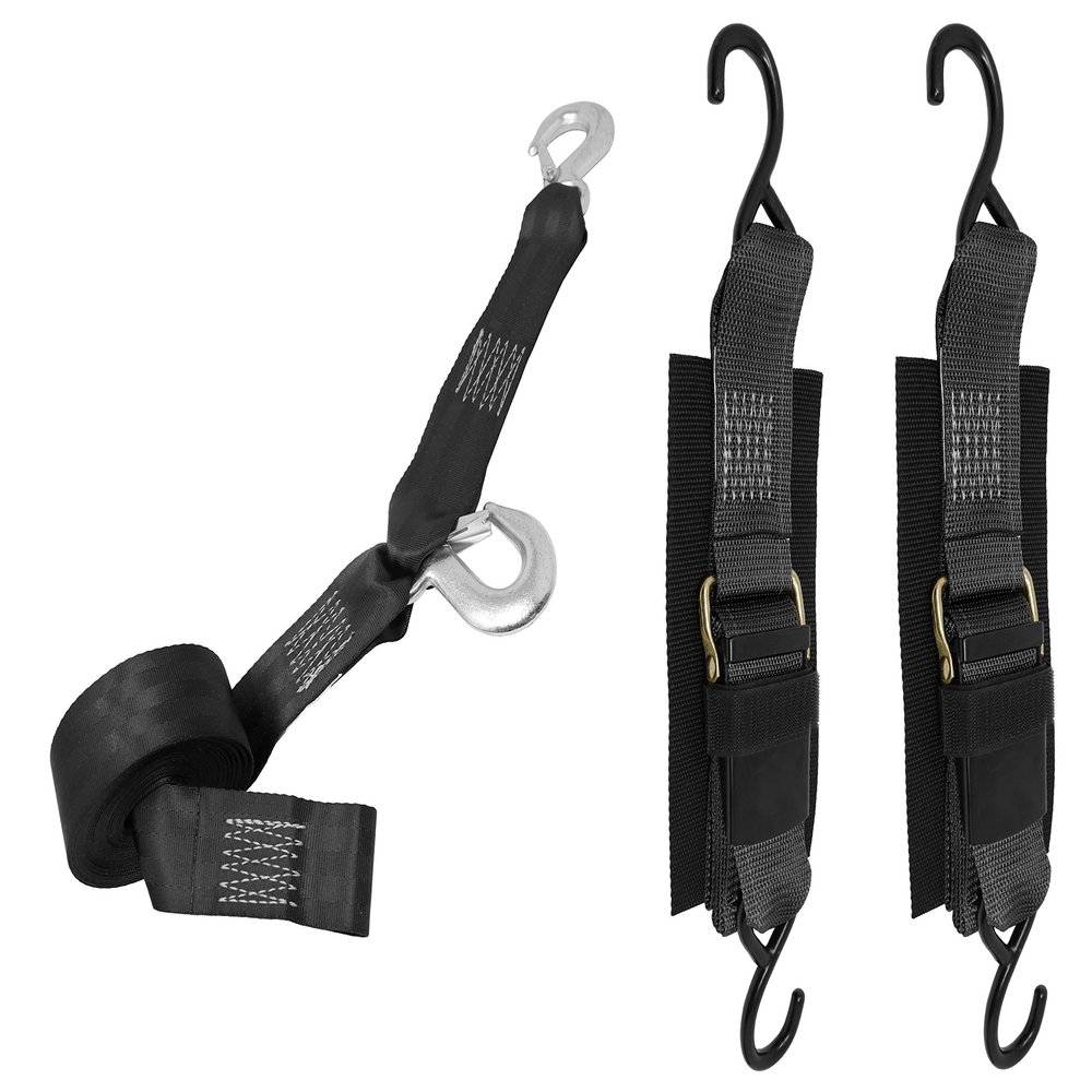 CustomTieDowns Boat Winch and Transom Straps Bundle. Winch Strap is 2 Inches X 20 Ft with A 10 Inch Safety Strap. Transom Straps are 4.5 Feet Long with Black Hardware. (20)
